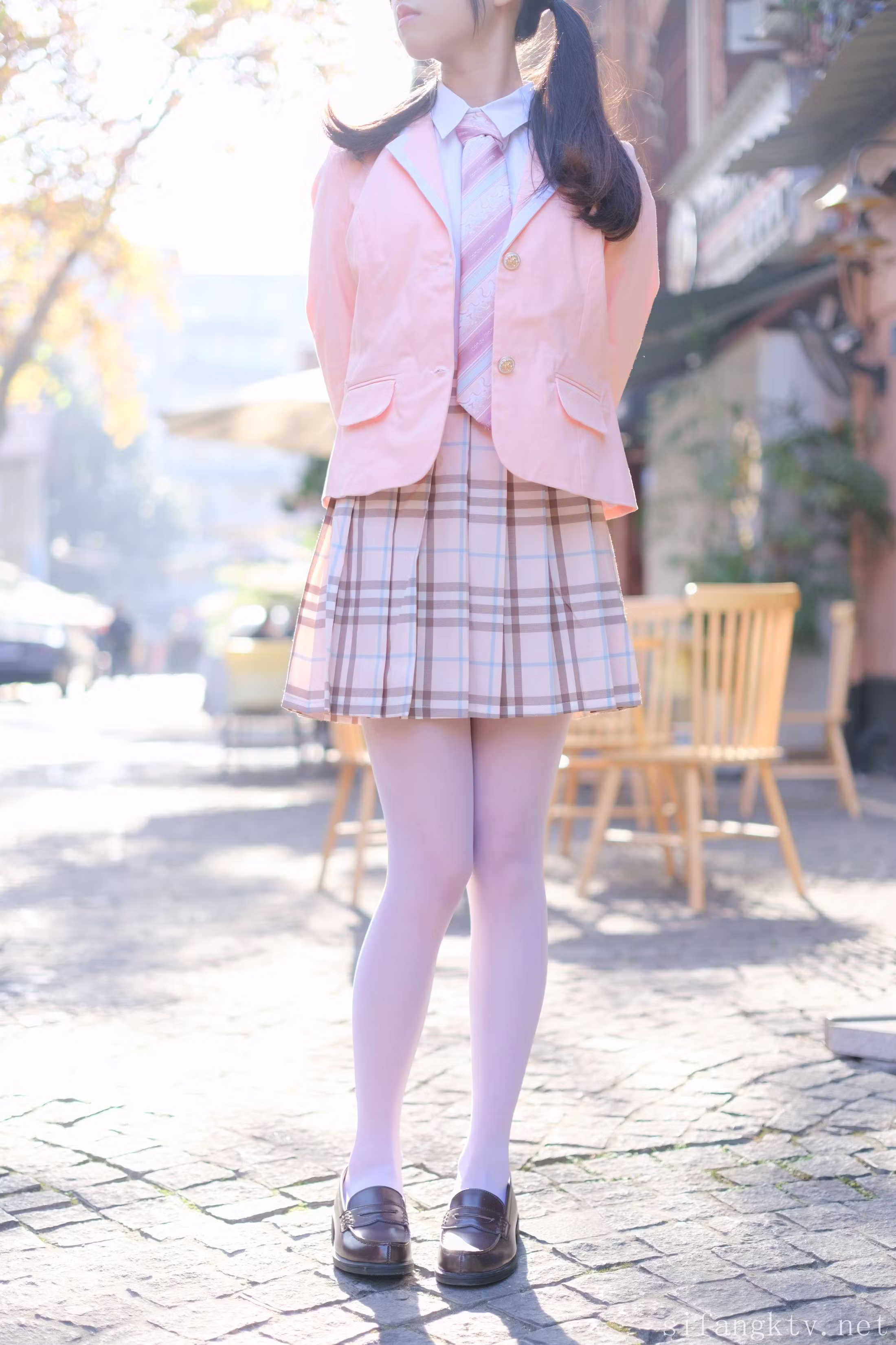 Asian model in JK outfit indoor classroom photography