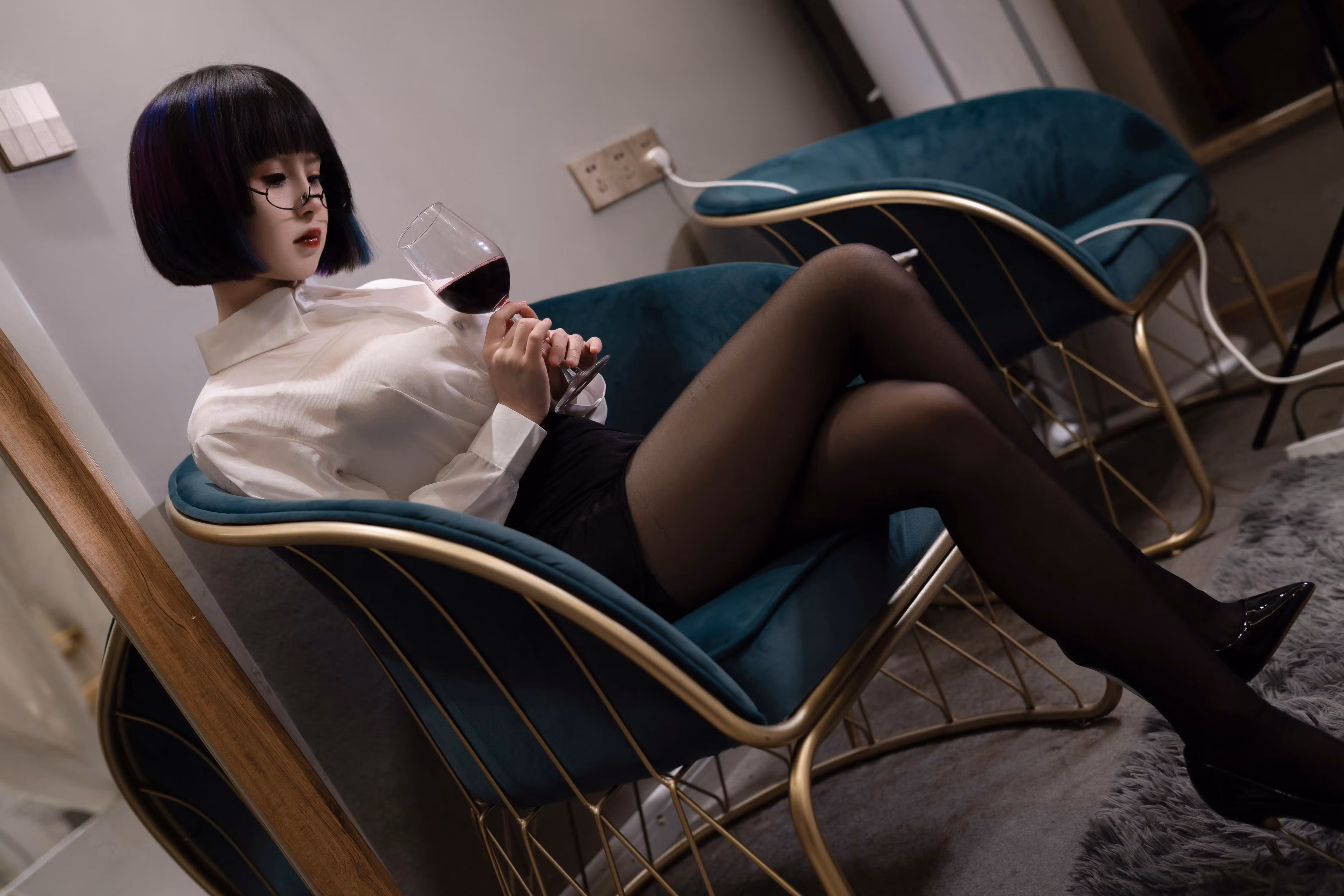 Asian model posing in office uniform scene